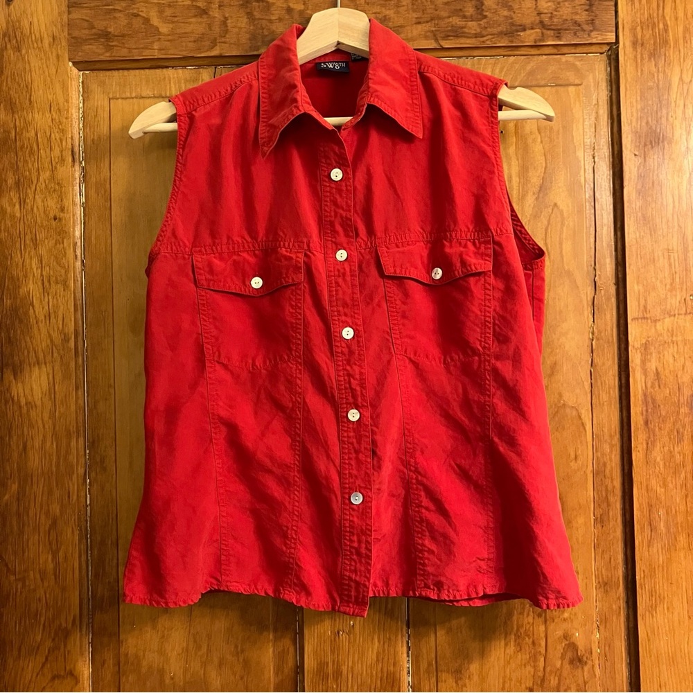 Vintage 100% Silk Red Sleeveless Blouse | Size M Preppy Coastal Grandma